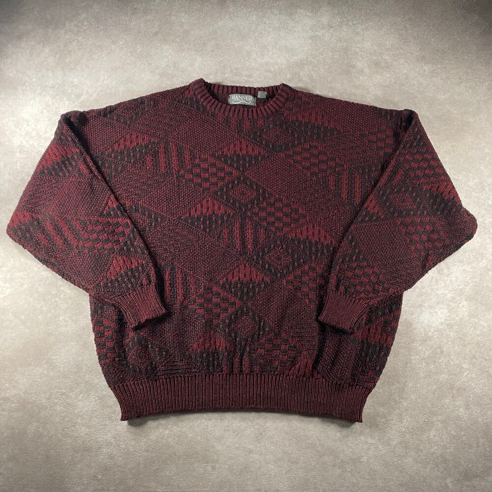 Vintage 90s Banner Burgundy Black Geometric Knit Crewneck Sweater Men’s XL